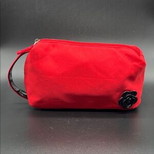 Lancome Red Nylon Cosmetic Bag with Black Rose Detail and Clutch Handle
